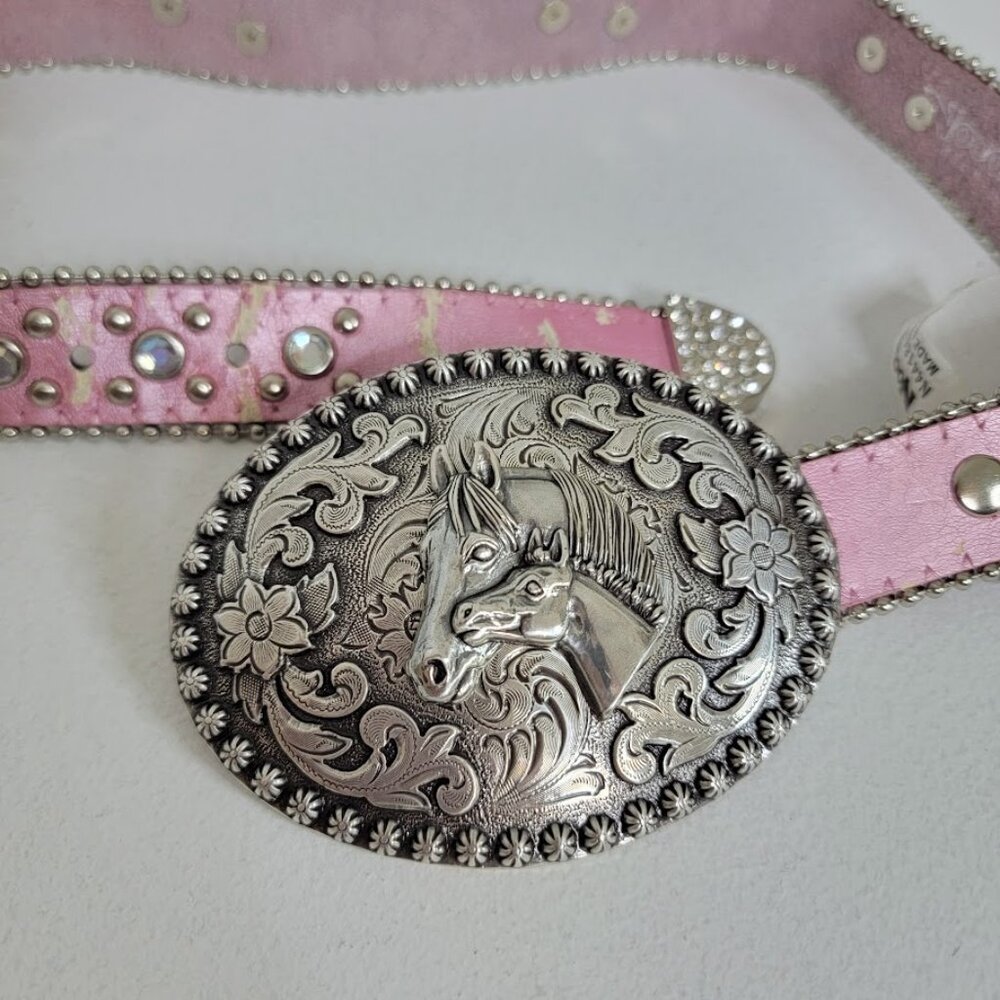 Nocona Girls Pink Leather Cowgirl Belt Sz 22 Horse Foal Silver Oval Belt Western